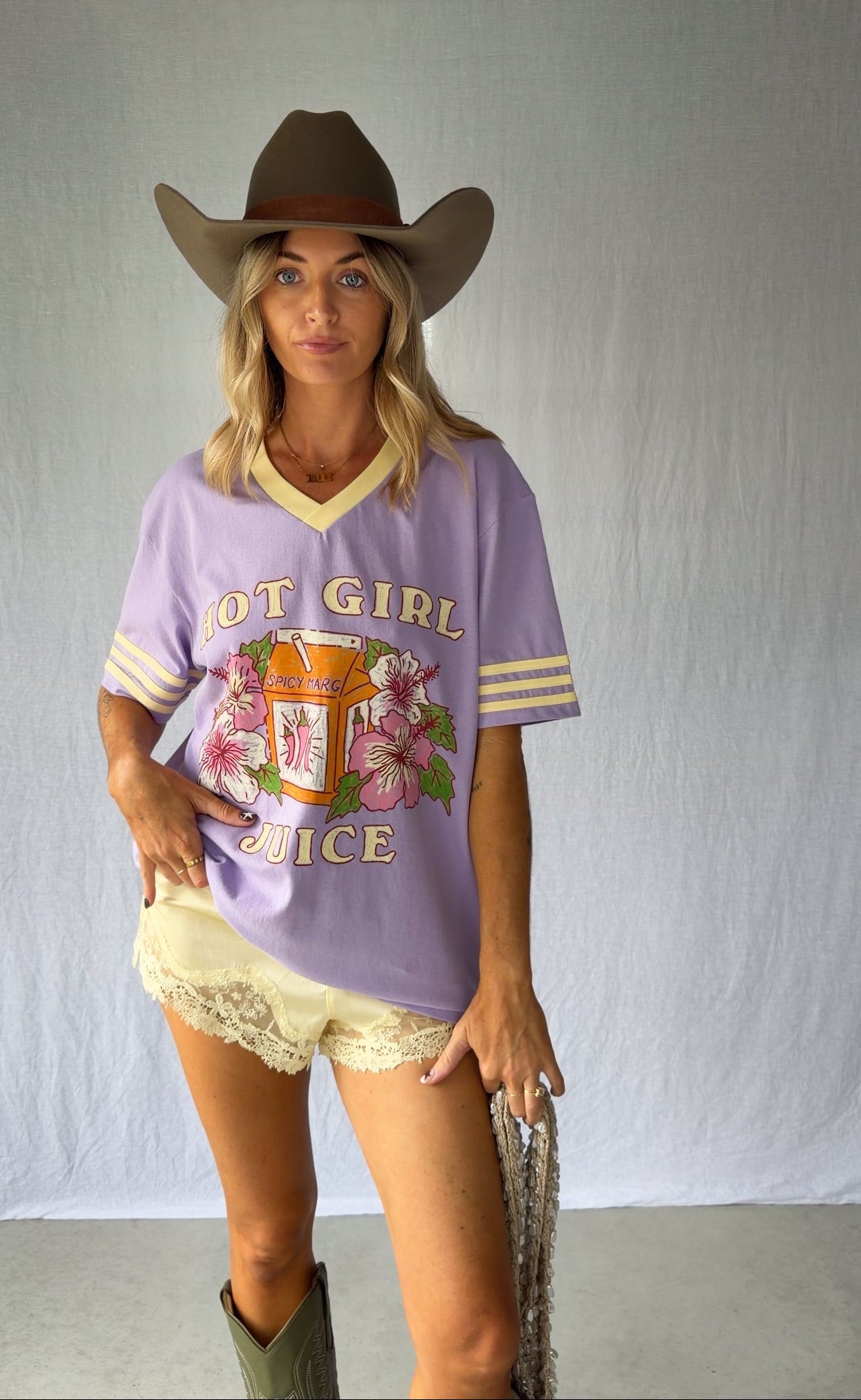 Hot Girl Juice Tee - lilac oversized graphic tee front
