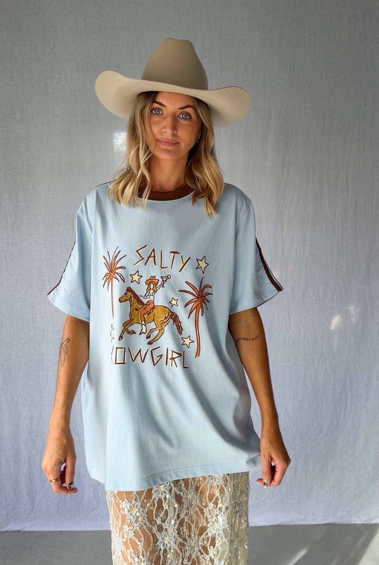 Salty Cowgirl Tee - soft blue oversized graphic tee front